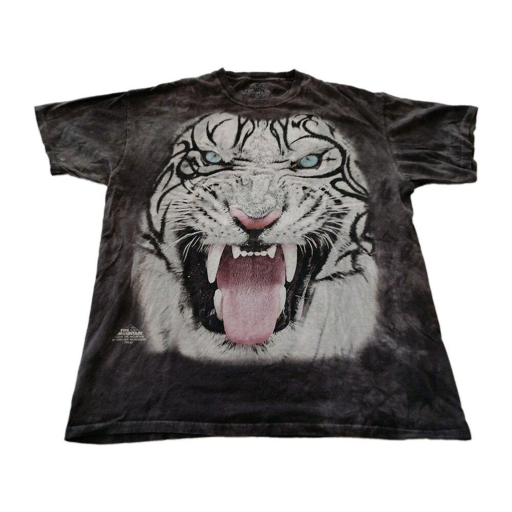 The Mountain White Tiger Tie Dye T Shirt Men's L Y2K Grunge Fangs